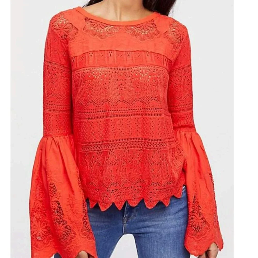 Free People Once Upon A Time Lace Crochet Bell Sleeve Red Blouse Sz XS